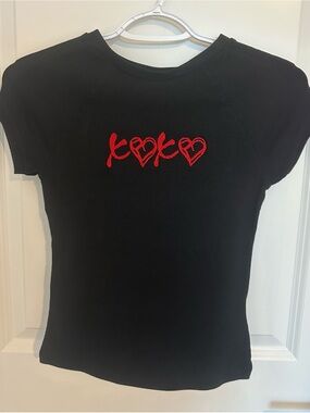 Black Tee with Red Heart Embroidered Detail